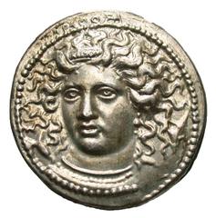 Exonumia Sicily, Syracuse. Dionysios I. 405-367 B.C. PB tetradrachm (27.3 mm, 11.58 g). UNIFACE LEAD, SILVER PLATED / ROSA OFF-METAL TRIAL STRIKE. APEΘOΣA in obverse margin, Head of Arethusa facing sl