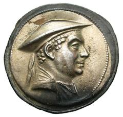 Exonumia Graeco-Baktrian Kingdom. Antimachos I. Ca. 174-165 B.C. Clad tetradrachm (35.4 mm, 13.18 g). UNIFACE CLAD / ROSA OFF-METAL TRIAL STRIKE. Diademed and draped bust right, wearing kausia / Unifa