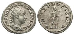 Roman Imperial Gordian III. A.D. 238-244. AR antoninianus (22.4 mm, 3.37 g, 7 h). Rome mint, A.D. 241. IMP GORDIANVS PIVS FEL AVG, radiate, draped and cuirassed bust right / P M TR P IIII COS II P P ,