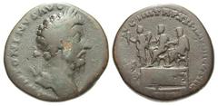 Roman Imperial Marcus Aurelius. A.D. 161-180. Æ sestertius (30.0 mm, 24.27 g, 0 h). Rome, A.D. 166-167. M ANTONINVS AVG ARM PARTH MAX, laureate head right / CONG AVG IIII TR P XXI IMP IIII COS III SC,