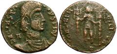 Roman Imperial Constantius II - Barbarous imitation. c. 350-355 AD.. AE 2 / Billon Majorina (21 mm, 2.93 g). Diadamed draped and cuirassed bust right; legend, "DN CONSTAN - TIVS P AVG" closely copies 