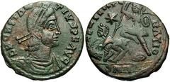 Roman Imperial Constantius II - Barbarous imitation. c. 350-355 AD.. Billon Majorina (20 mm, 2.72 g). Diademed draped and cuirassed bust right; legend: DN CNSTAN - TIVS P F AVG / Soldier advancing lef