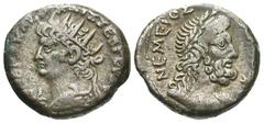 Roman Provincial Egypt, Alexandria. Nero. A.D. 54-68. BI tetradrachm (25.4 mm, 12.53 g, 12 h). Dated year 14=A.D. 67/8. Scarce type. NEPΩ KΛAV KAIΣ ΣEB ΓEP AV, L IΔ, radiate head left / NEMEIOΣ ZEVΣ, 