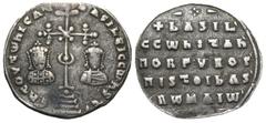 Byzantine Basil II Bulgaroktonos. 976-1025. AR miliaresion (22.2 mm, 2.23 g, 7 h). Constantinople mint, A.D. 989-1025. ЄΠ τOV TωNICAτ' bASILЄIC CωnSτ', ornamented cross set on four steps; to left, cro