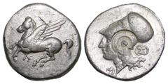 Exonumia Akarnania, Leukas. Fourth century B.C. PB stater (22.4 mm, 11.10 g, 12 h). BIFACE LEAD / ROSA OFF-METAL TRIAL STRIKE. Pegasos flying left, Λ below / Helmeted head of Athena left; shield behin