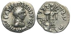 Eastern Cultures BAKTRIAN KINGDOM. Menander I Soter, 155-130 BC. AR Drachm (2.39 gm). Diademed bust / Athena standing with thunderbolt and shield. SNG.ANS.822. VF+