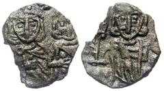 Byzantine BYZANTINE EMPIRE. Constantine V, 741-775 AD. AE Follis (1.63 gm) of Syracuse. Emperor and Leo IV standing / Leo III standing. S.1569. aXF, dark green patina, ragged flan.