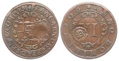 Medieval GERMANY, Paderborn. AE Six Pfennig, 1709. Arms / Denomination. c/m FA. Km.174. VF, brown patina.