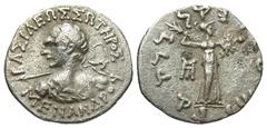 Eastern Cultures Graeco-Baktrian Kingdom. Menander I. Ca. 165/55-130 B.C. AR drachm (16.7 mm, 2.36 g, 11 h). Diademed bust left seen from behind, wielding spear, aegis on shoulder / Athena Alkidemos s