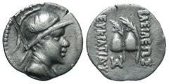 Eastern Cultures BAKTRIAN KINGDOM. Eukratides, 171-135 BC. AR Obol (0.66 gm). Diademed draped bust / Caps of the Dioskouri. SNG.ANS.497. Toned VF+, test cut