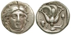 Greek Caria, Islands off Caria. Rhodos. 387-304 B.C. AR didrachm (19.17 mm, 6.78 g, 12 h). struck 340-316 B.C. Head of Helios three-quarters facing to right, hair loose / POΔION, ethnic above rose wit