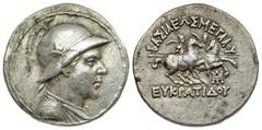 Eastern Cultures Graeco-Baktrian Kingdom. Eukratides I. Ca. 171-145 B.C. AR tetradrachm (32.37 mm, 16.78 g, 12 h). Helmeted, draped and diademed bust right / BAΣIΛEΩΣ MEΓAΛOY EYKPΑTIΔOY, the Dioscuri 