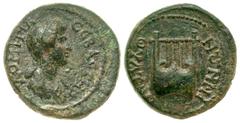 Roman Provincial Lydia, Thyateira. Domitia. Augusta, A.D. 82-96. 17.86 mm, 3.65 g, 2 h). ΔΟΜΙΤΙΑ CEBACTH, draped bust right / ΘYATEIPHNΩN, lyre. RPC 944. Rare.