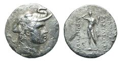 Eastern Cultures Graeco-Baktrian Kingdom. Demetrios I. Ca. 200-185 B.C. AR tetradrachm (30.6 mm, 15.03 g, 12 h). Draped bust right, wearing elephant skin headdress / BAΣIΛEΩΣ ΔHMHTPIOY, Herakles stand
