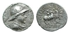 Eastern Cultures Graeco-Baktrian Kingdom. Eukratides I. Ca. 171-145 B.C. AR tetradrachm (33.7 mm, 15.01 g, 12 h). Helmeted, draped and diademed bust right / BAΣIΛEΩΣ MEΓAΛOY EYKPΑTIΔOY, the Dioscuri o