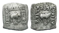 Eastern Cultures Graeco-Baktrian Kingdom. Apollodotos I. Ca. 174-165 B.C. AR square drachm (15.7 mm, 2.27 g, 12 h). Elephant standing right; monogram below / Zebu (humped bull) standing right; monogra
