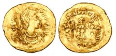 Byzantine BYZANTINE EMPIRE. Justin II, 565-578 AD. Gold Tremissis (1.31 gm) of Constantinople. Diademed bust / Angel advancing. S.353. VF+.