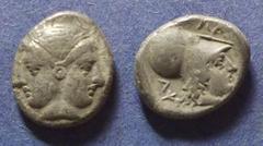 Greek Mysia, Lampsakos 390-330 BC, Diobol, 1.40g, 11mm: Obv: Janiform head Rev: Helmeted head of Athena right "L A [M] PS A" around. SNG France 1195.