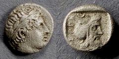 Greek Pergamon, Mysia Circa 450 BC, Diobol, 1.36g: Obv: Laureate head of Apollo right Rev: Bearded head wearing a tiara right, crescent above, "Pi E P r A" behind. SNG Von Aulock 1347.