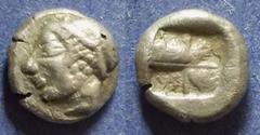 Greek Ionia, Phokaea 521-478 BC, Diobol, .96g: Obv: Female head left wearing sakkos and ear-ring Rev: incuse quadripart punch. SNG Kayhan 522.