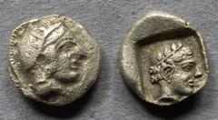 Greek Lycia, Vekhssere I 440-430 BC, 1/6 Stater, 1.31g: Obv: Head of Athena right Rev: Laureate head of Apollo right within an incuse square.. Vismara I 59 ref. Porou