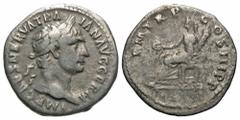 Trajan, 98 - 117 ADSilver Denarius, Rome Mint, 19mm, 3.03 gramsObverse: IMP CAES NER TRAIAN AVG GERM, Laureate head of Trajan right.Reverse: P M TR P COS III P P, Vesta, veiled, seated left holding pa