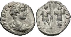 Geta, Caesar, 198 - 209 AD Silver Denarius, Rome Mint, 18mm, 2.42 grams Obverse: P SEPT GETA CAES PONT, Draped bust of Geta right. Reverse: PRINC IVVENTVTIS, Geta standing left in military dress with 