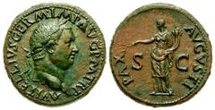 Roman Imperial Vitellius. A.D. 69. AE sestertius (29.03 g). Rome mint, April-December A.D. 69. A VITELLIVS GERM IMP AVG P M TR P, laureate bust right / PAX AVGVSTI, Pax standing left, holding branch a