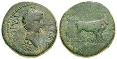 Roman Provincial Lydia, Tralles. Caligula. A.D. 37-41. AE 20 as (20.49 mm, 6.02 g, 12 h). ΓΑΙΟΣ [Κ]ΑΙΣΑΡ (ccw), bare head of Gaius Caligula right, eight-pointed star below truncation / [ΚΑΙΣΑΡΕΩΝ], po