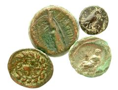 Group Lots [Greek]. Group lot of four (4) Greek bronzes. An interesting group of four (4) Greek bronze coins. Includes Thrace, Odessos / Aiolis, Kyme / Lydia, Sardis / Seleukid Kingdom. Demetrios II. 
