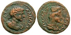 Roman Provincial Phoenicia, Caesarea ad Libanum. Geta. As Caesar, A.D. 198-209. AE 22 (23.09 mm, 7.68 g, 6 h). Bare head of Geta right / TYCH ΛAO  ΔIC ΠPOC ΛIB, turreted, veiled and draped bust of Ty