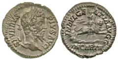 Roman Imperial Septimius Severus. A.D. 193-211. AR denarius (19.07 mm, 3.45 g, 7 h). Rome mint, struck A.D. 203. SEVERVS PIVS AVG, laureate head right / INDVLGENTIA AVGG, IN CARTH, the Dea Caelestis s
