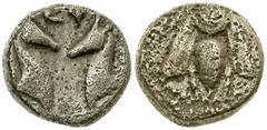 Greek Ionia, Ephesos. civic issue. ca. 387-295 B.C. AR diobol (9.01 mm, .99 g, 12 h). [Є] - [Φ], Bee with straight wings / Є Φ, ethnic in field above two stag's heads facing one another. SNG Copenhage