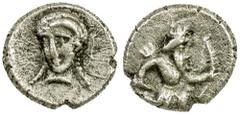 Eastern Cultures Achaemenid Kingdom. Uncertain Satrap. 4th century B.C AR tetartemorion (6.5 mm, .23 g). Cilicia under Persian Rule. Persian king kneeling, holding bow and dagger / Female head facing 