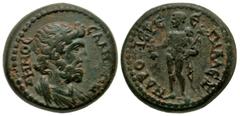 Roman Provincial Lydia, Sala. Pseudo-autonomous issue, time of Trajan. A.D. 98-117. AE 17 (17 mm, 4.28 g). ΔΗΜΟС СΑΛΗΝΩΝ, Draped bust of Demos right / Є-ΠΙ AΛЄΞ[A]-NΔPO[V] IЄPЄ, Hermes standing facing