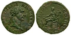 Roman Imperial Trajan. A.D. 98-117. AE sestertius (32 mm, 27.06 g, 6 h). Rome mint, struck A.D. 98/9. IMP C[AES NE]RVA TRAIA-N AVG GERM, laureate head of Trajan right / TR POT COS II P P //SC, Concord