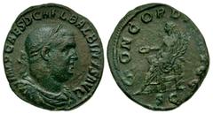 Roman Imperial Balbinus. A.D. 238. AE sestertius (31.1 mm, 19.08 g, 1 h). Rome mint. IMP CAES D CAEL BALBINVS AVG, laureate, draped and cuirassed bust right / CONCORDIA AVGG, SC, Concordia seated left