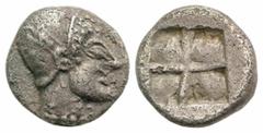 Greek Ionia, Phokaia. Ca. 521-478 B.C. AR diobol (7,8 mm, 0,87 g). Archaic female head right / Quadripartite incuse square. Cf. Klein 452-3 (Diobol, head left). VF.