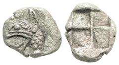 Greek Ionia, Teos. Ca. 540-478 B.C. AR tetartemorion (5,2 mm, 0,28 g). Griffin head left / Quadripartite incuse square. Unpublished in the standard references. Good VF.