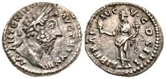 Roman Imperial Marcus Aurelius. A.D. 161-180. AR denarius (18.32 mm, 3.25 g, 1 h). Rome mint, Struck A.D. 169. M ANTONINVS AVG TR P XXIII, laureate head of Marcus Aurelius right / LIBERAL AVG V COS II