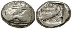 Greek Lycia, Phaselis. Ca. 500-440 B.C. AR stater (21.64 mm, 10.93 g, 12 h). Prow of galley left in the form of a forepart of a boar / Stern of galley right within incuse square. SNG von Aulock 4393. 