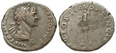 Roman Imperial Trajan. A.D. 98-117. AR denarius (20.01 mm, 3.41 g, 7 h). Rome mint, Struck A.D. 112-117. IMP TRAIAN[O AVG GER DAC P] M TR P COS VI P P, laureate and draped bust of Trajan right, seen f