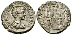 Roman Imperial Geta. As Caesar, A.D. 198-209. AR denarius (18.6 mm, 3.01 g, 6 h). Rome mint, Struck A.D. 200. P SEPT GETA CAES PONT, bare-headed and draped bust of Geta right, seen from behind / PRI-N