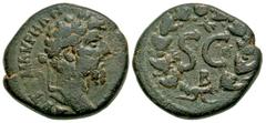 Roman Provincial Syria, Seleucis and Pieria. Antioch on the Orontes. Marcus Aurelius. A.D. 161-180. AE 24 as (24.0 mm, 10.92 g, 2 h). ΑΥΤ [Κ] Μ ΑVΡΗΛ ΑΝ-[ΤΩΝΙΝΟС СЄΒ], laureate head of Marcus Aurelius