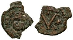 Byzantine Heraclius. 610-641. AE pentanummium (12.7 mm, .72 g, 11 h). Carthage mint. N ЄRA - [CΛIO PP] (or similar), helmeted and beardless bust of Heraclius facing / Large V; above, cross; on either 