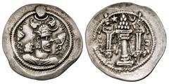Sasanian Sasanian Kingdom. Peroz I. A.D. 457-484. AR drachm (28 mm, 4.10 g, 3 h). AS (Asuristan) mint. Crowned bust right, border of dots / Fire altar with two attendants, star and crescent above, bor