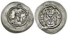 Sasanian Sasanian Kingdom. Khusru I. A.D. 531-579. AR drachm (30.3 mm, 4.13 g, 3 h). AY (Eran-Khvarrah-Shapur) mint, Dated RY 4. Crowned and cuirassed bust right, three crescents around / Fire altar w