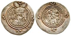 Sasanian Sasanian Kingdom. Khusru II. A.D. 591-628. AR drachm (30.3 mm, 3.51 g, 3 h). WH mint, year 27. Crowned and cuirassed bust right, two stars above crest, three stars within crescents around / F