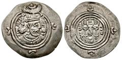 Sasanian Sasanian Kingdom. Khusru II. A.D. 591-628. AR drachm (33.1 mm, 4.08 g, 4 h). ST (Stakhr) mint, RY 33. Crowned and cuirassed bust right, two stars above crest, double border of dots, three sta