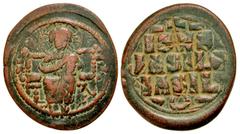 Byzantine Constantine IX Monomachus. 1042-1055. AE follis (23.68 mm, 9.15 g, 6 h). Anonymous Class D follis. Constantinople mint, Struck ca. 1045-1055. Christ, nimbate, seated facing on throne with ba